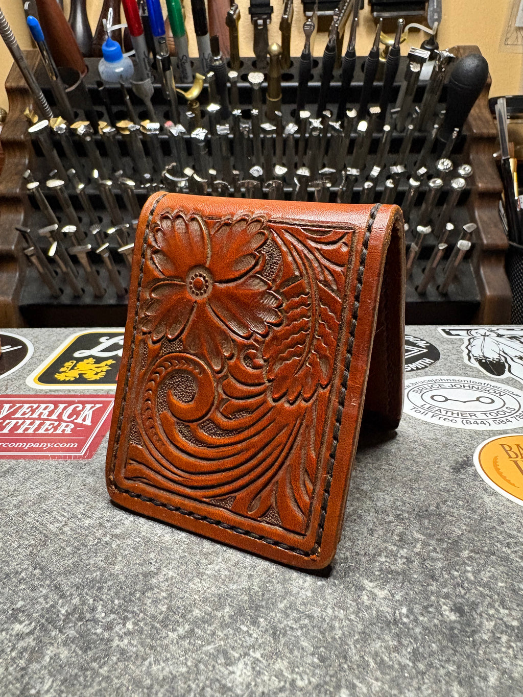 Hand Tooled Two Pocket Money Clip Wallet