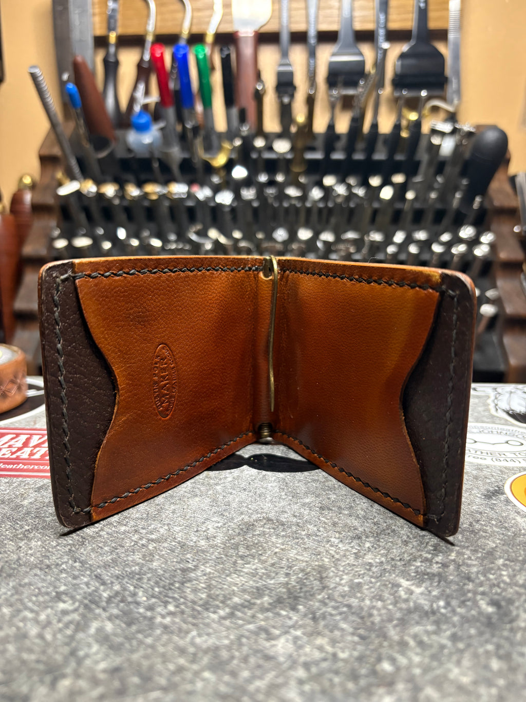 Hand Tooled Two Pocket Money Clip Wallet