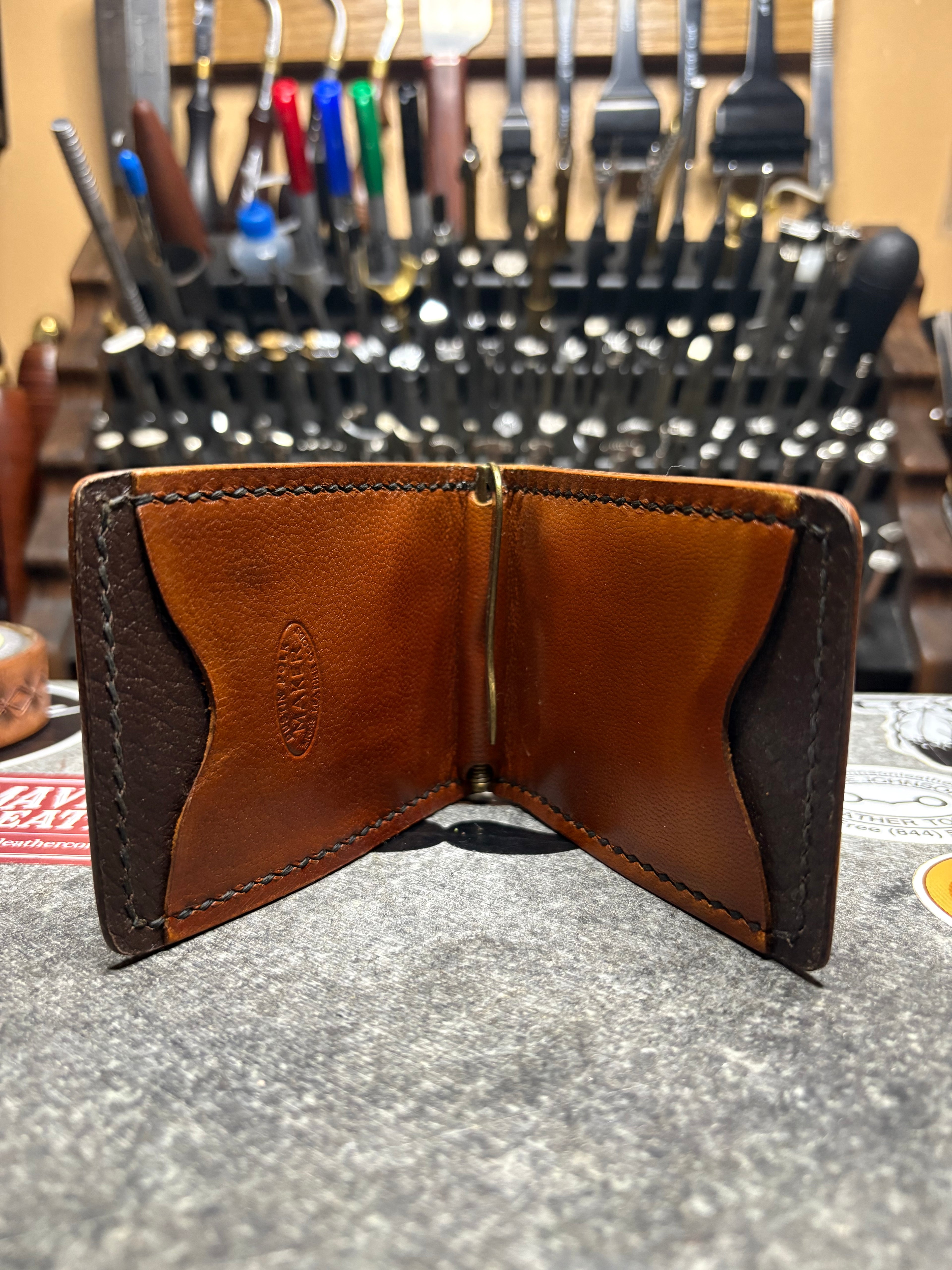 Hand Tooled Two Pocket Money Clip Wallet