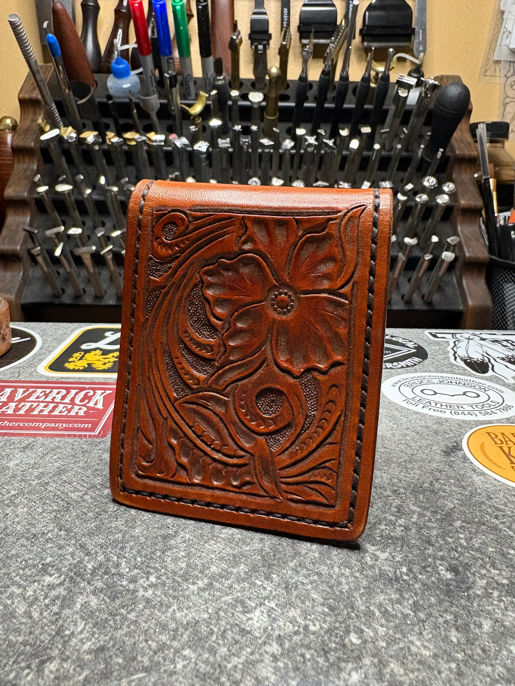 Hand Tooled Two Pocket Money Clip Wallet