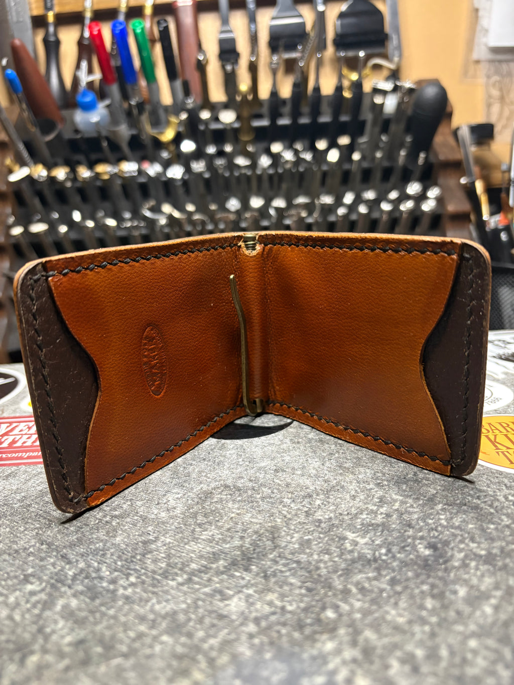 Hand Tooled Two Pocket Money Clip Wallet